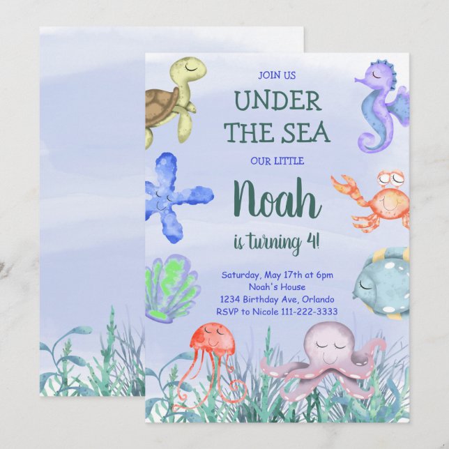 Watercolor Boys Under the Sea Birthday Invitation (Devant / Derrière)