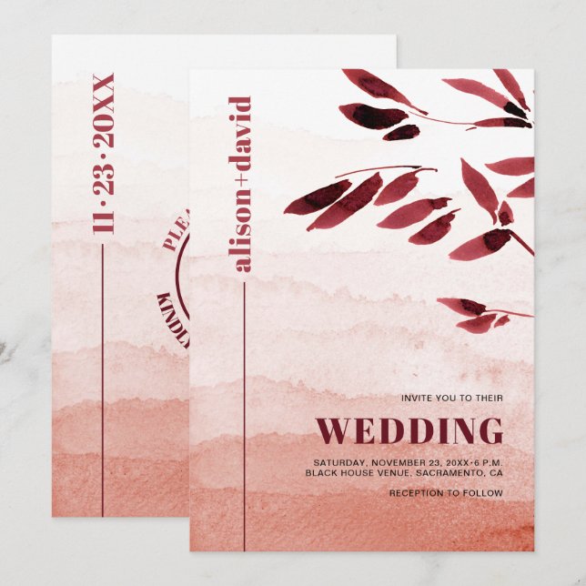 Watercolor branch QR code Japandi wedding Invitation (Front/Back)