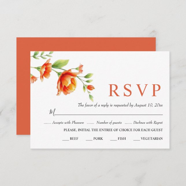 Watercolor branch with orange flowers wedding RSVP card (Front/Back)