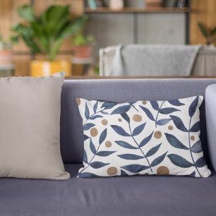 Watercolor branches and berries - indigo and beige accent pillow