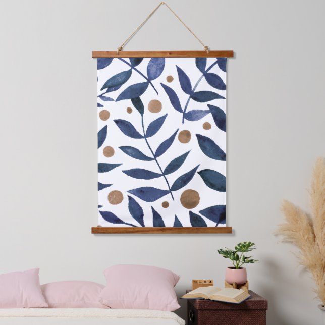 Watercolor branches and berries - indigo and beige hanging tapestry (Bedroom)