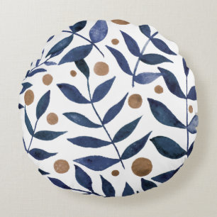 Watercolor branches and berries - indigo and beige round pillow