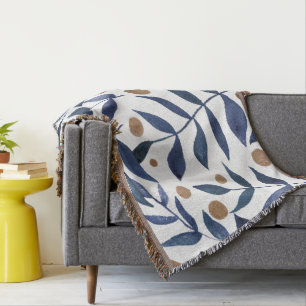 Watercolor branches and berries - indigo and beige throw blanket