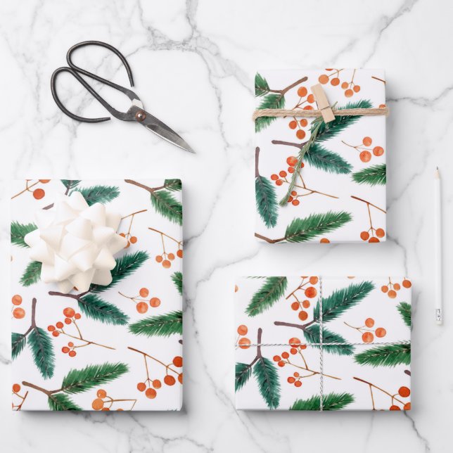 Watercolor Branches and Berries Winter  Wrapping Paper Sheet (Front)