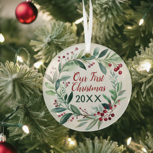 Watercolor Branches and Berries Wreath Ornament