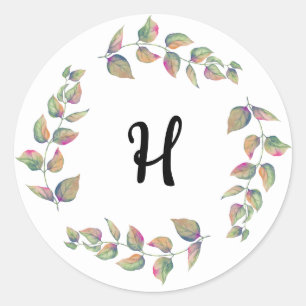 Watercolor Branches Custom Monogram  Classic Round Sticker