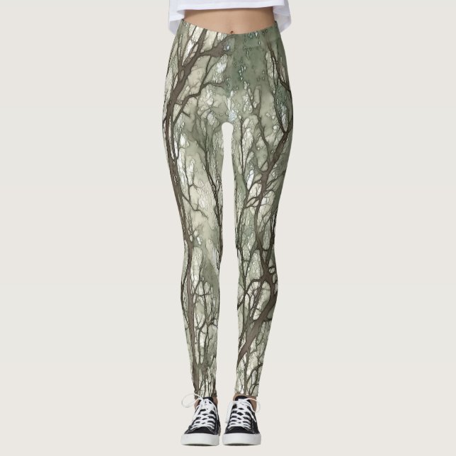Watercolor Branches Green Camouflage  Leggings (Front)