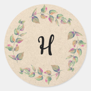 Watercolor Branches Kraft Paper Monogram Stickers