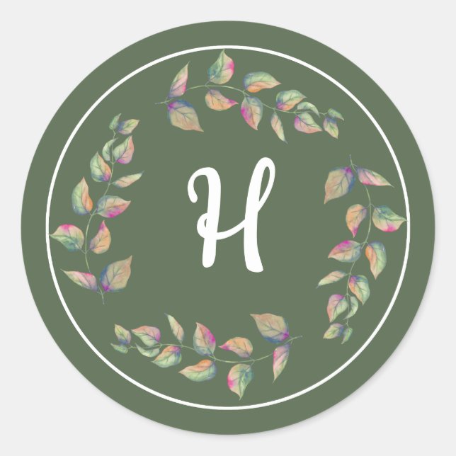 Watercolor Branches Wedding Monogram Stickers (Front)