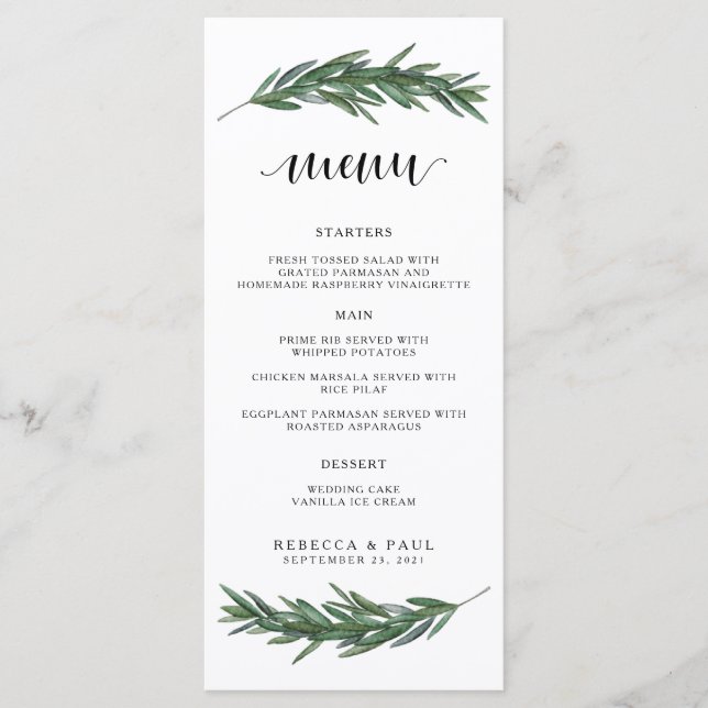 Watercolor Branches Wedding Reception Menu (Front)