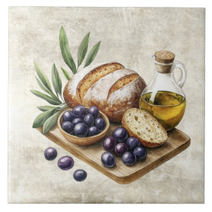 Watercolor Bread Olives Tuscany Faux Texture Tile