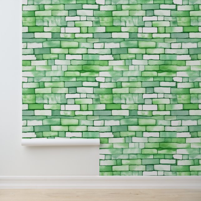 Watercolor Bricks Green White Seamless Patterns Wallpaper (Application)