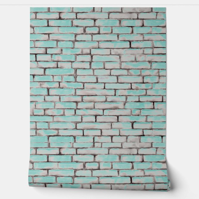 Watercolor Bricks Patterns Teal Blue White Grey Wallpaper (Unrolling)