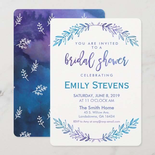 Watercolor Bridal Floral Blue & Purple Invitation (Front/Back)