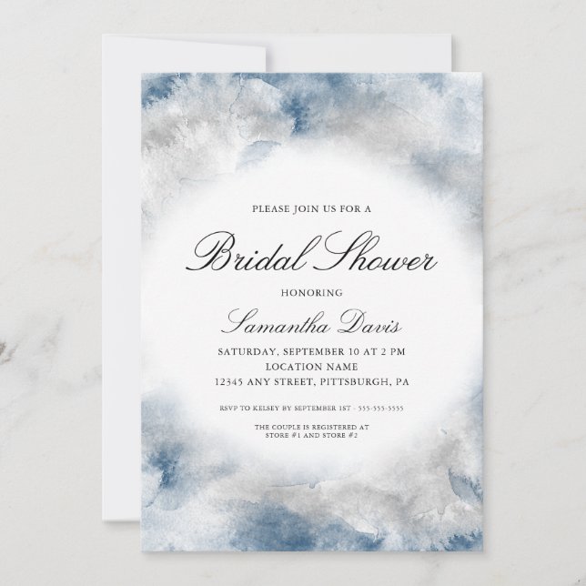 Watercolor Bridal Shower Abstract Blue and Grey Invitation (Front)