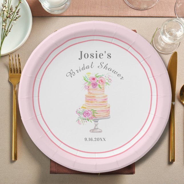 Watercolor Bridal Shower Layered Rose Cake Simple Paper Plate (Creator Uploaded)