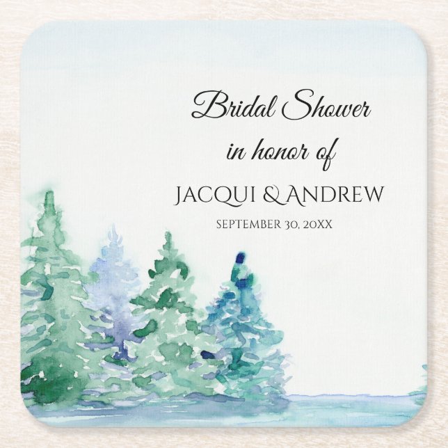 Watercolor Bridal Shower Mountain Pines Lakeside Square Paper Coaster (Front)