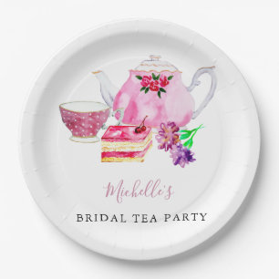 Watercolor Bridal Shower Tea Party Pink Teapot Paper Plate