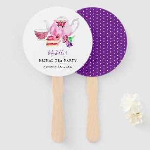 Watercolor Bridal Shower Tea Party Purple Teapot Hand Fan
