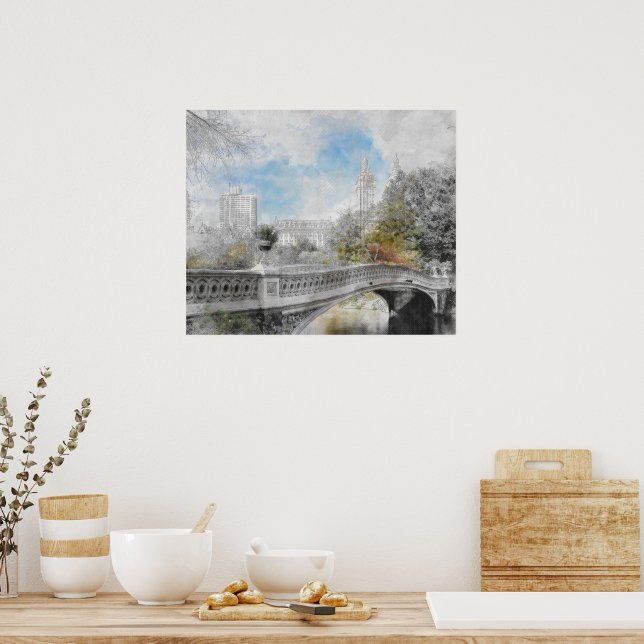 Watercolor Bridge in Central Park New York Poster  (Kitchen)