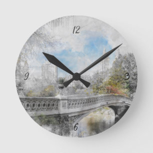 Watercolor bridge in Central Park New York  Round Clock