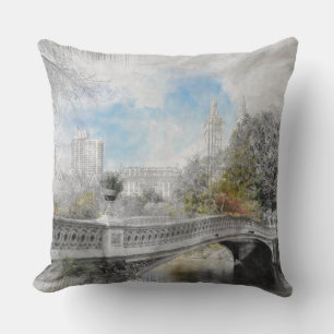 Watercolor bridge in Central Park New York Throw Pillow