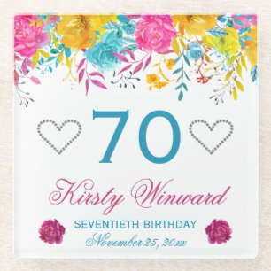 Watercolor Bright Coloured Spring Flowers Birthday Glass Coaster