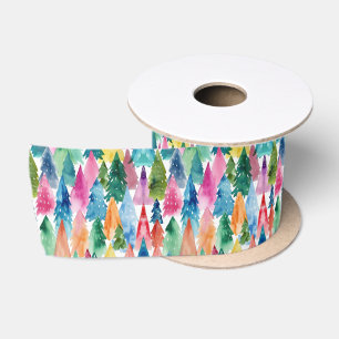 Watercolor Bright Colourful Rainbow Christmas Tree Satin Ribbon