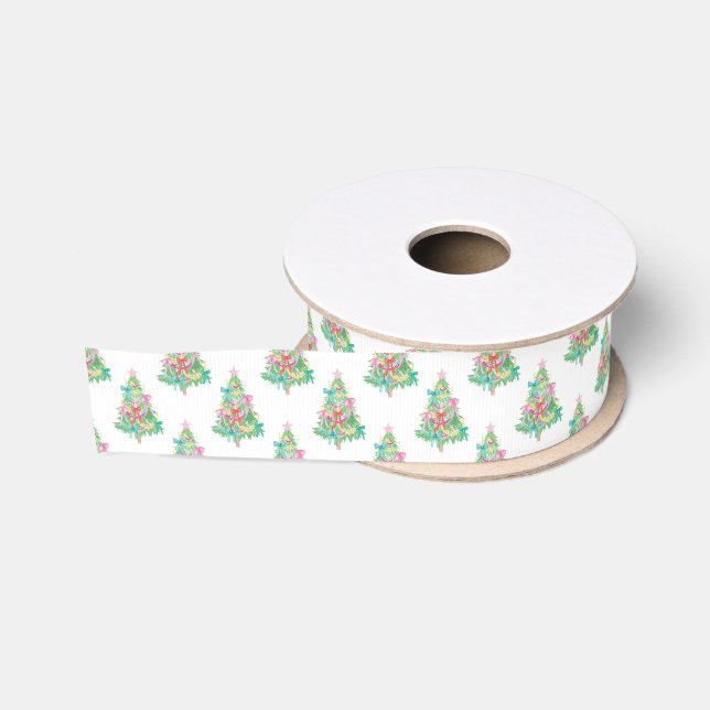 Watercolor Bright Colours Coquette Christmas Tree Grosgrain Ribbon (Spool)