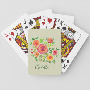 Watercolor Bright Flowers + Custom Text Playing Cards