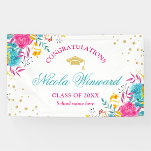 Watercolor Bright Flowers Girl Graduation Party Banner