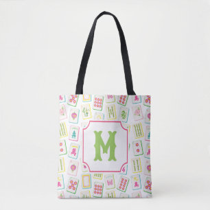 Watercolor Bright Mahjong Tiles Monogram Tote Bag
