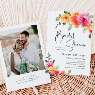 Watercolor Bright Pink Flower Bridal Shower Photo Invitation