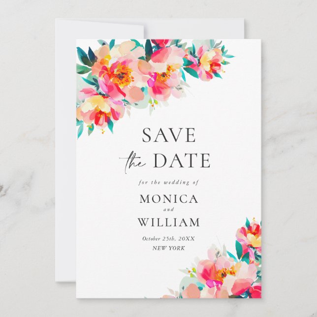 Watercolor Bright Pink Flowers Wedding Wedding Save The Date (Front)