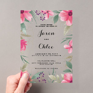 Watercolor bright pink gold floral Wedding Acrylic Invitations