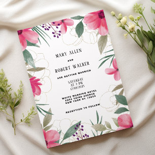 Watercolor bright pink gold floral wedding invitation