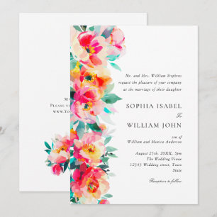 Watercolor Bright Pink Orange Flowers Wedding Invitation