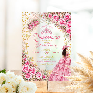 Watercolor Bright Pink Roses Golden Quinceañera Acrylic Invitations