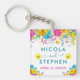 Watercolor Bright Summer Flowers Wedding  Keychain