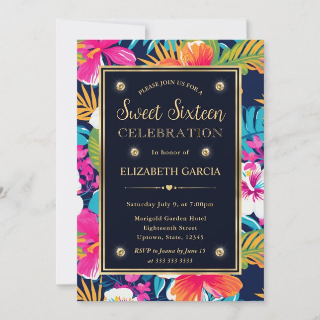 Watercolor Bright Tropical Preppy Flowers Sweet 16 Invitation (Front)