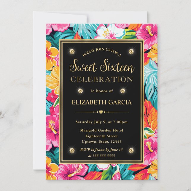 Watercolor Bright Tropical Preppy Flowers Sweet 16 Invitation (Front)