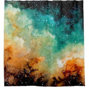 Watercolor Bright Yellow Nebula, Stars and Dark Sk