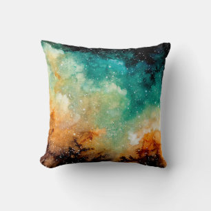 Watercolor Bright Yellow Nebula, Stars and Dark Sk Throw Pillow