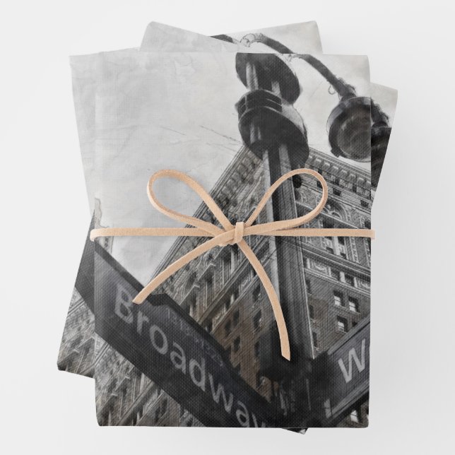 Watercolor Broadway Street Sign Wrapping Paper (In situ)