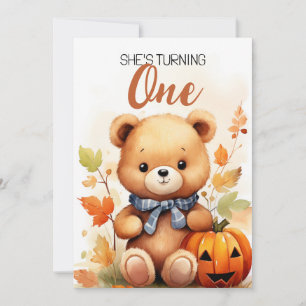 Watercolor Brown and White Bear Fall 1st Birthday Invitation
