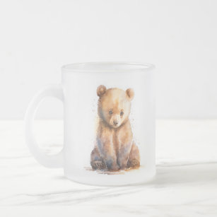 Watercolor Brown Baby Bear, Sitting Cute Bear Cub Frosted Glass Coffee Mug