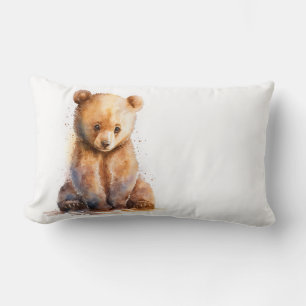 Watercolor Brown Baby Bear, Sitting Cute Bear Cub Lumbar Pillow