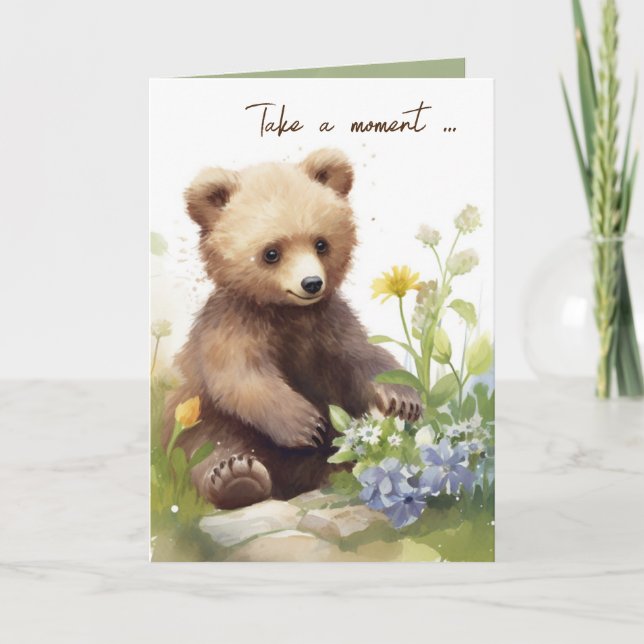 Watercolor Brown Bear With Flowers Card (Front)
