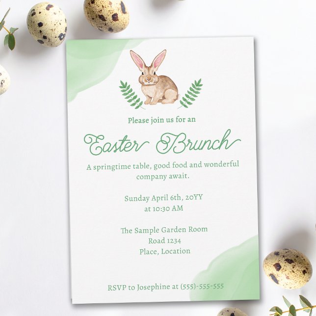 Watercolor Brown Bunny Green Easter Brunch Invitation (Creator Uploaded)