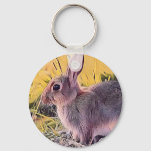 Watercolor Brown Bunny Rabbit Vintage Art Keychain